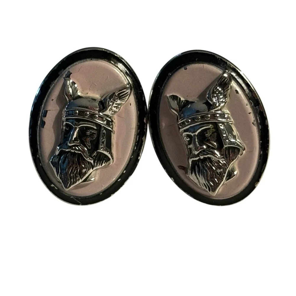Swank Knight Pink Enamel Cufflinks Oval Silver Tone Soldier Warrior Vintage READ